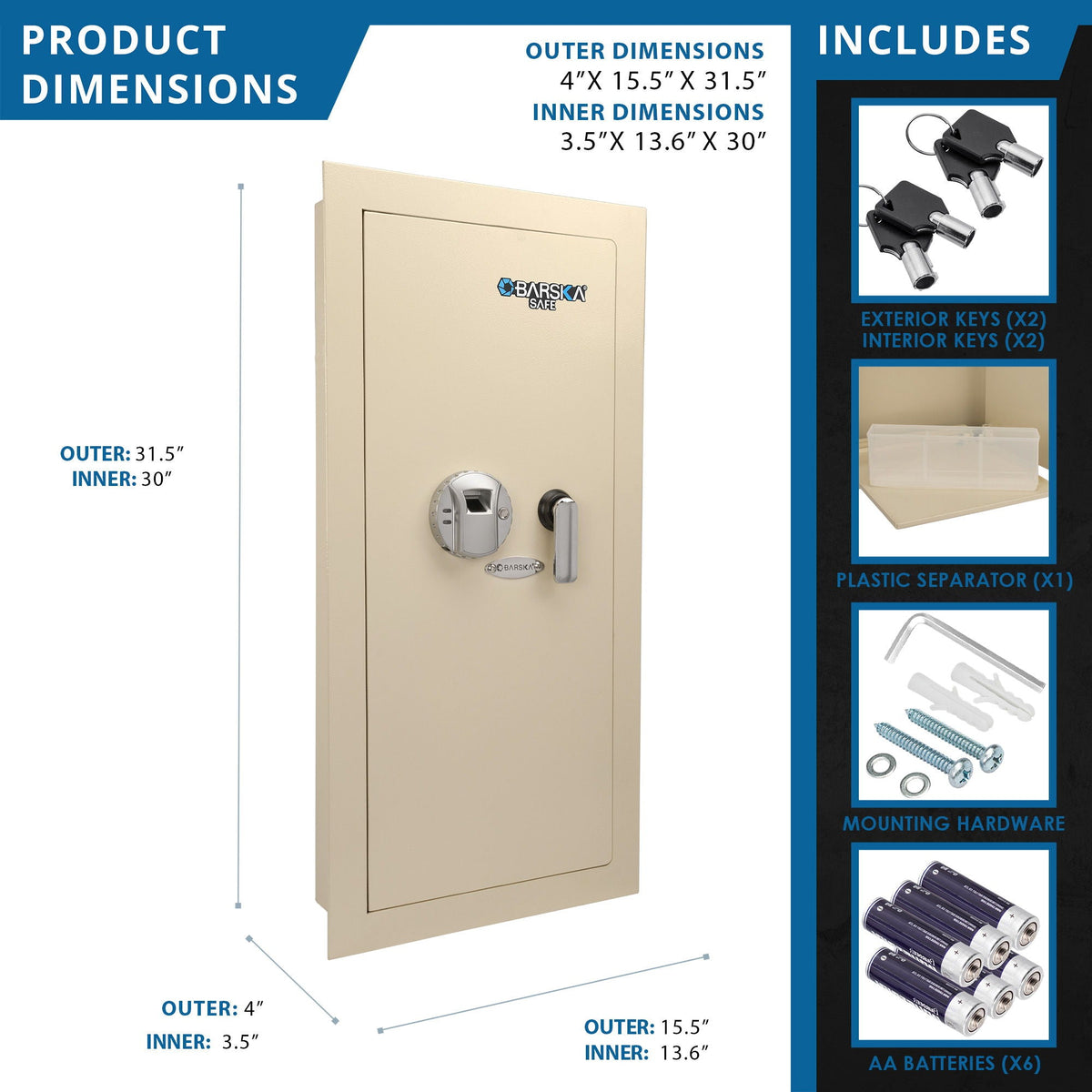 Beige Biometric Wall Safe with Fingerprint Access - Durable Steel