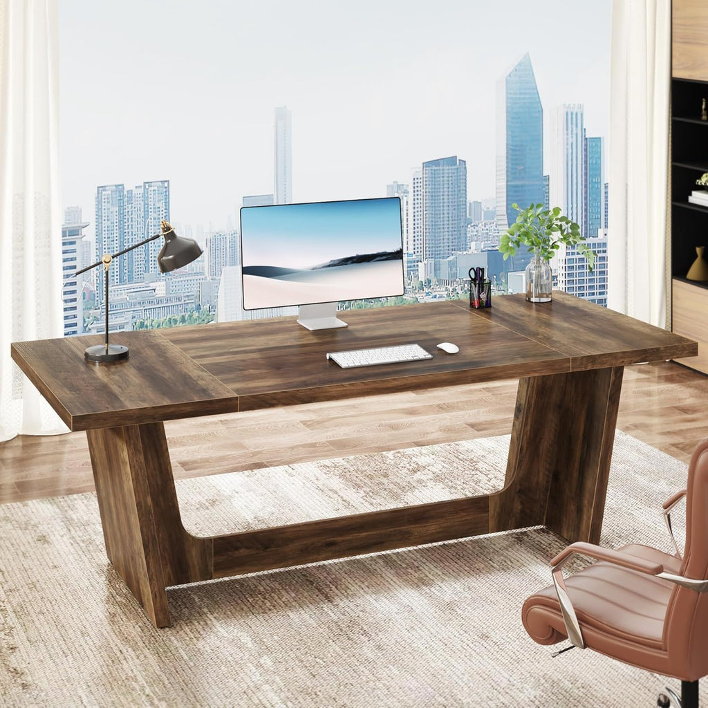 Executive Desk with Pedestal - Large Writing Workstation - Brown