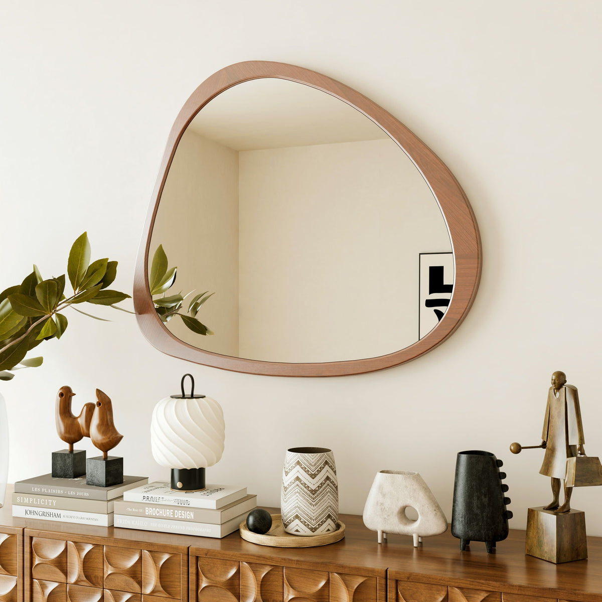 Asymmetrical Wall Mirror with Solid Natural Wood Frame - Large Sized Dressing Mirror