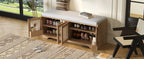 Rustic Storage Bench with Woven Rattan Doors - Natural Wood Finish