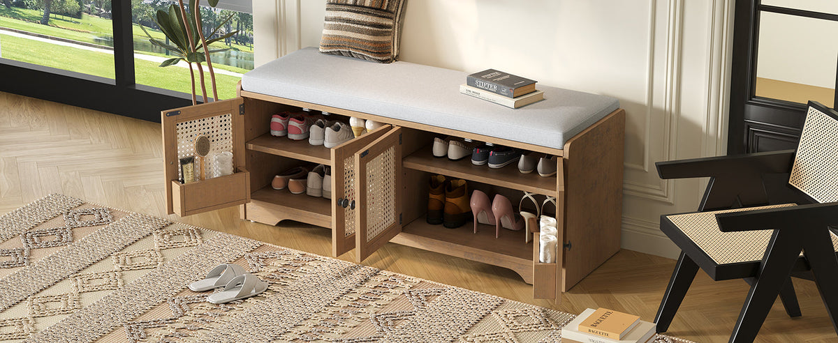 Rustic Storage Bench with Woven Rattan Doors - Natural Wood Finish