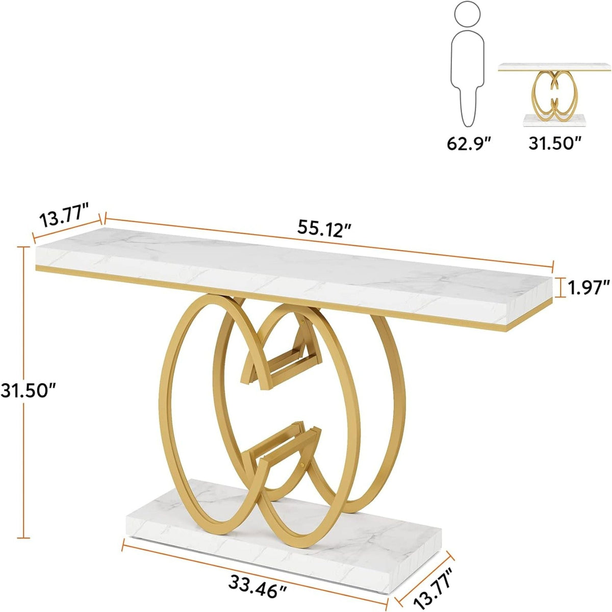 White and Gold Console Table with Geometric Base - Faux Marble