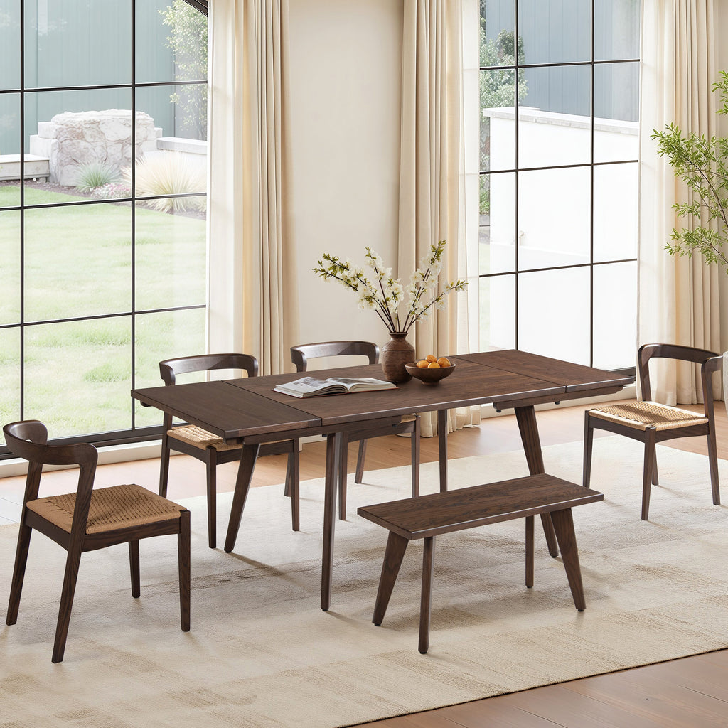 Capri 47-78.5" Solid Red Oak Dining Table with Extending Leaves - Dark Brown or Brown
