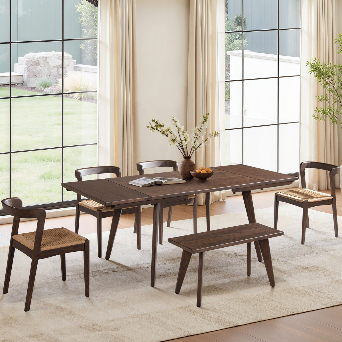 Capri 47-78.5" Solid Red Oak Dining Table with Extending Leaves - Dark Brown or Brown