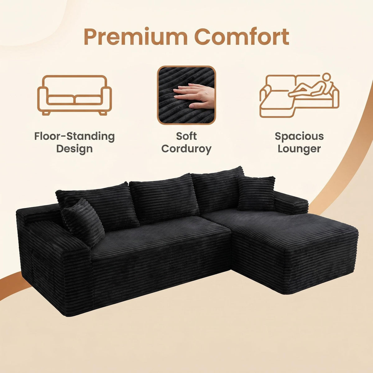 Corduroy Sectional Sofa with L-Shape Chaise - 106.3" Cloud Modular in Charcoal