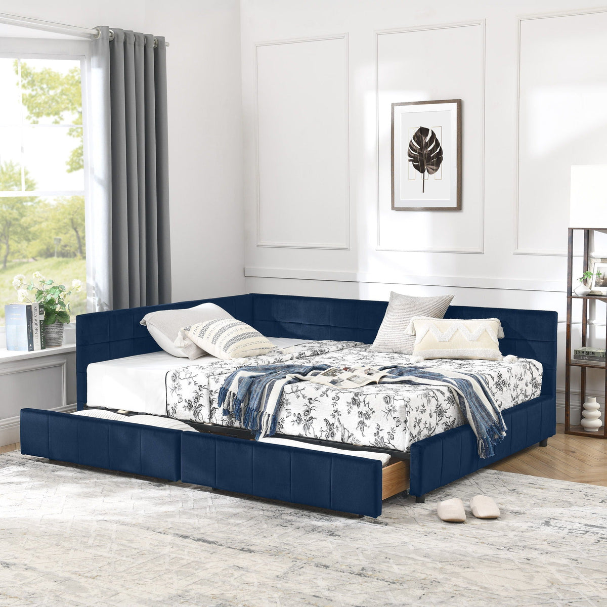 Mid-Century Storage Upholstered Tufted Bed Frame with Backrest and Armrests - Multiple Colors