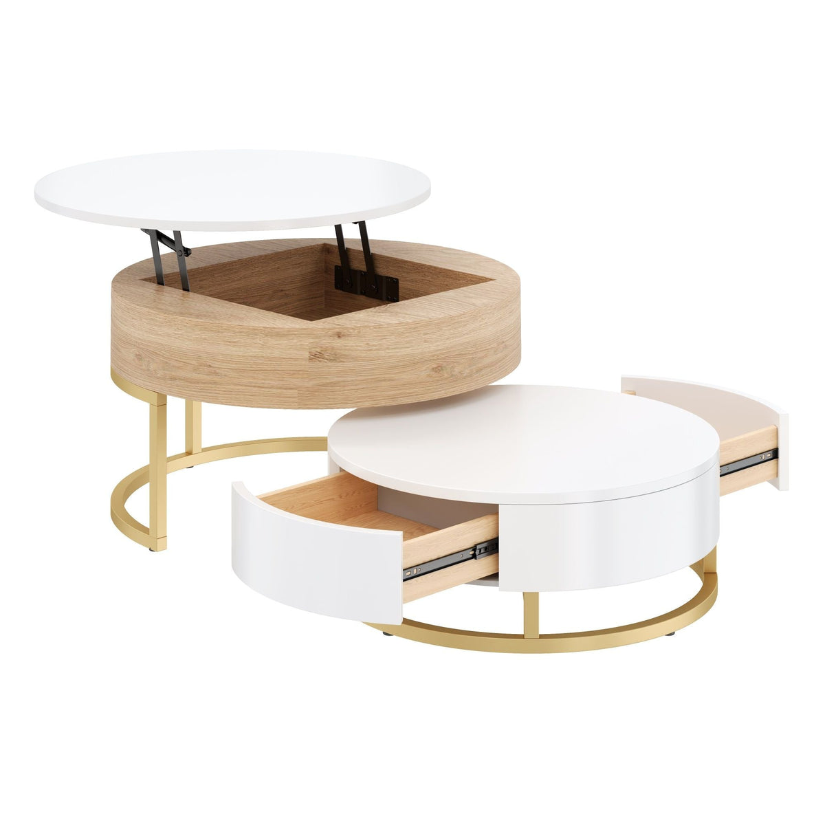 Modern Round Nesting Coffee Tables with Lift-Top and 2 Drawers - White or Black