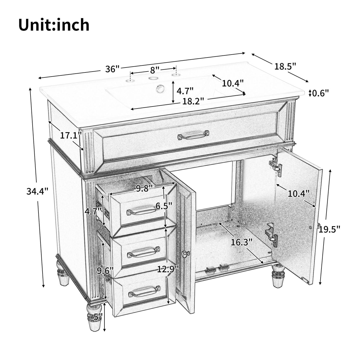 Bathroom Vanity With Sink and Drawers - Freestanding Solid Wood Cabinet
