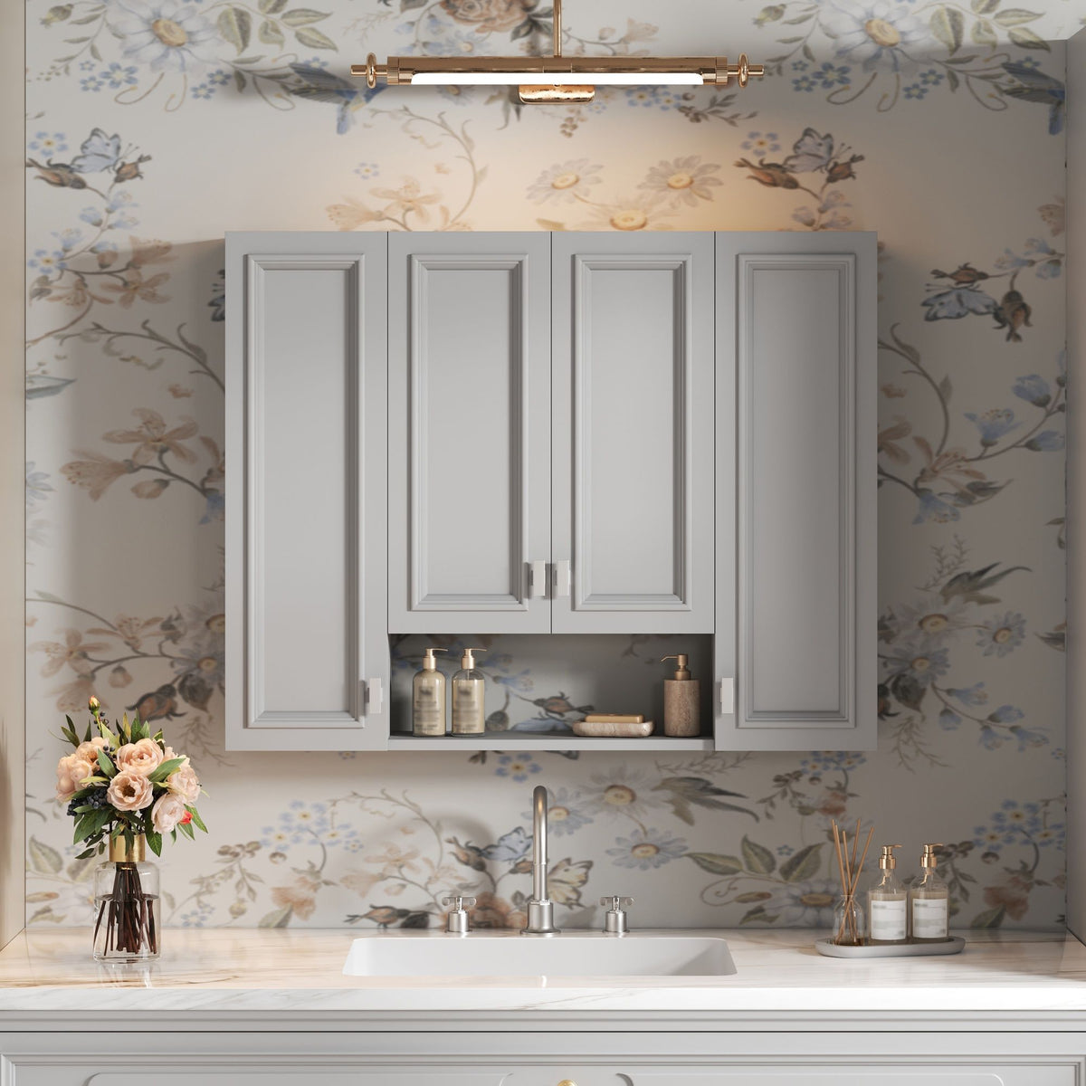 Wall Mounted Bathroom Cabinet With 5 Adjustable Shelves and Soft-Closing Hinges - Gray or Black