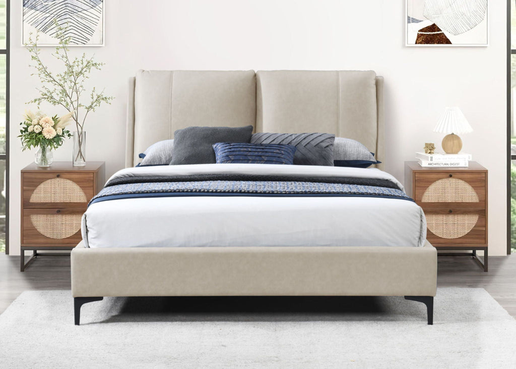 Fully Upholstered Bed with Large Pillowed Headboard - Light Blue or Light Brown