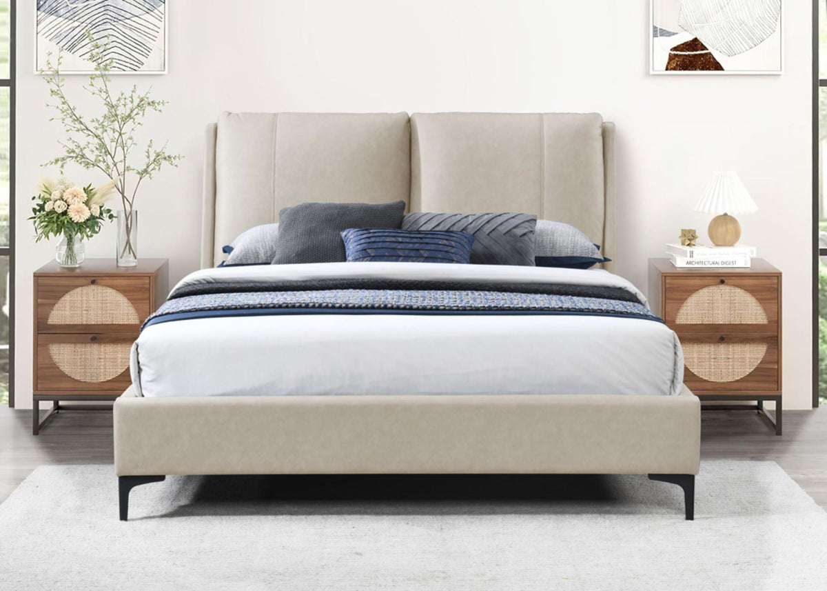 Fully Upholstered Bed with Large Pillowed Headboard - Light Blue or Light Brown