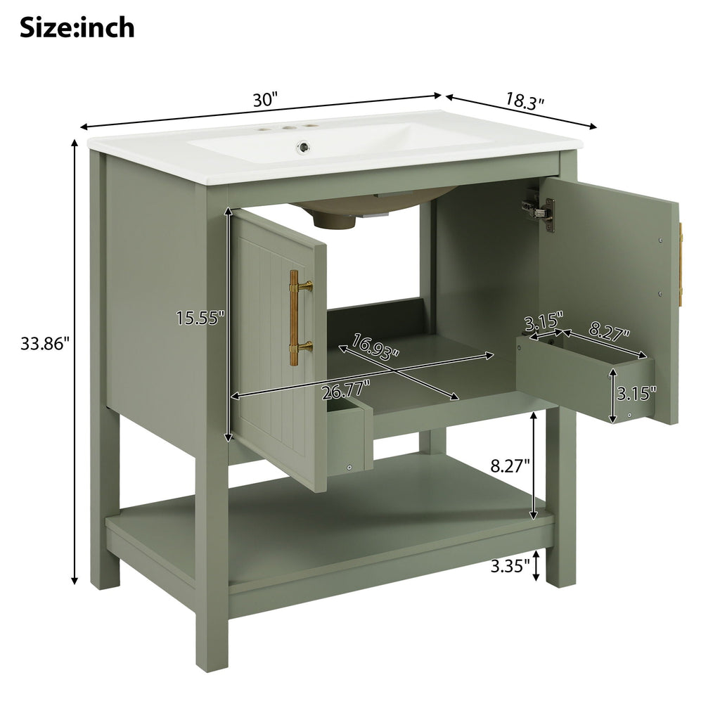 Elegant Bathroom Vanity with Ceramic Sink and Storage - White or Green