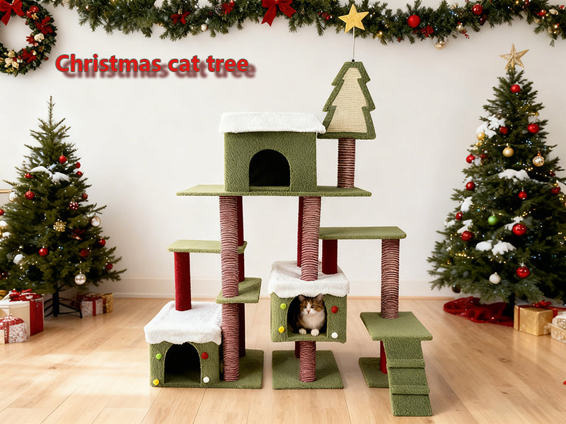 Wide Christmas Cat Tree Tower for Indoor Cats with Multi-Level Design