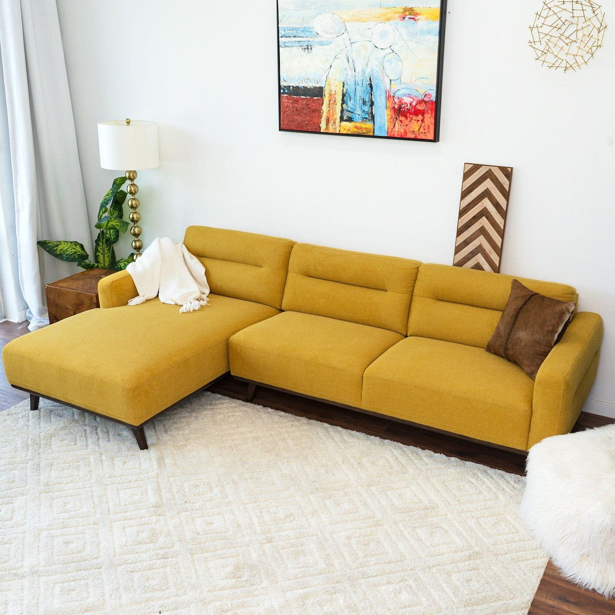 L-Shaped Sectional Couch with Solid Wood Frame and Vegan Upholstery - Yellow or Light Brown