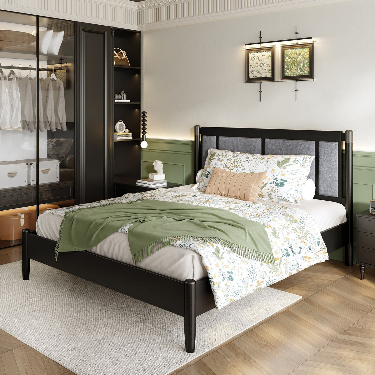 Solid Wood Queen Bed with 500 lbs Support and Fabric Headboard - Dark Grey