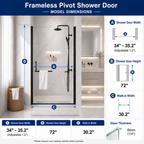 Matte Black Semi-Frameless Pivot Shower Door with Adjustable Width – 34"-35.2" x 72"