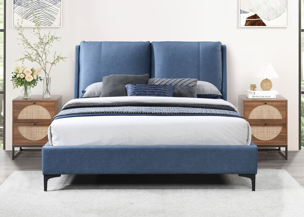 Fully Upholstered Bed with Large Pillowed Headboard - Light Blue or Light Brown