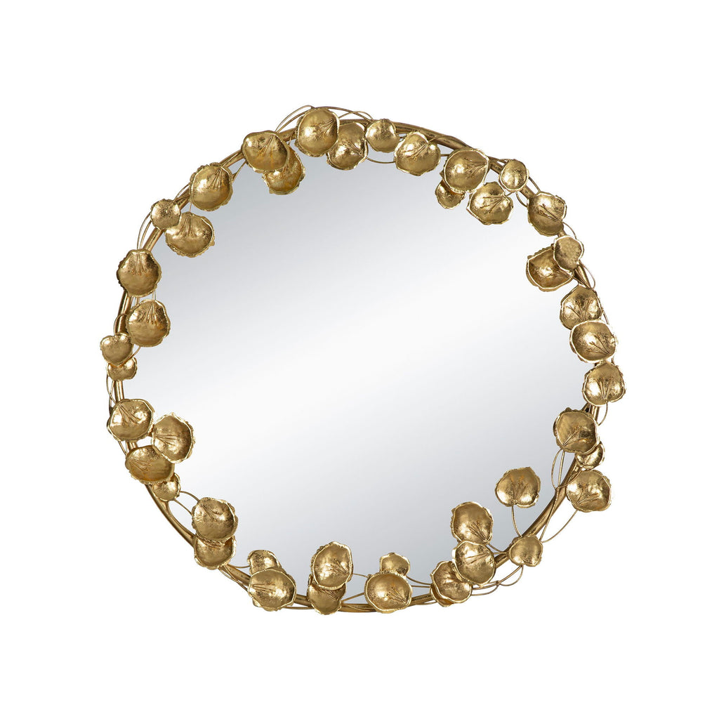 Round Metal Wall Mirror With Leaf Accents in Gold