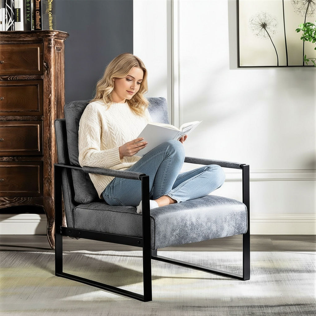 Classic Mid Century Modern Accent Chair with Square Metal Frame - Multiple Colors