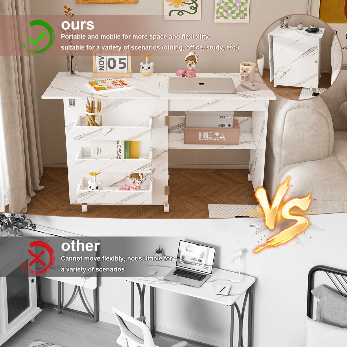 White Folding Sewing Table with Lockable Wheels - 4-in-1 Multi Functional Craft Station