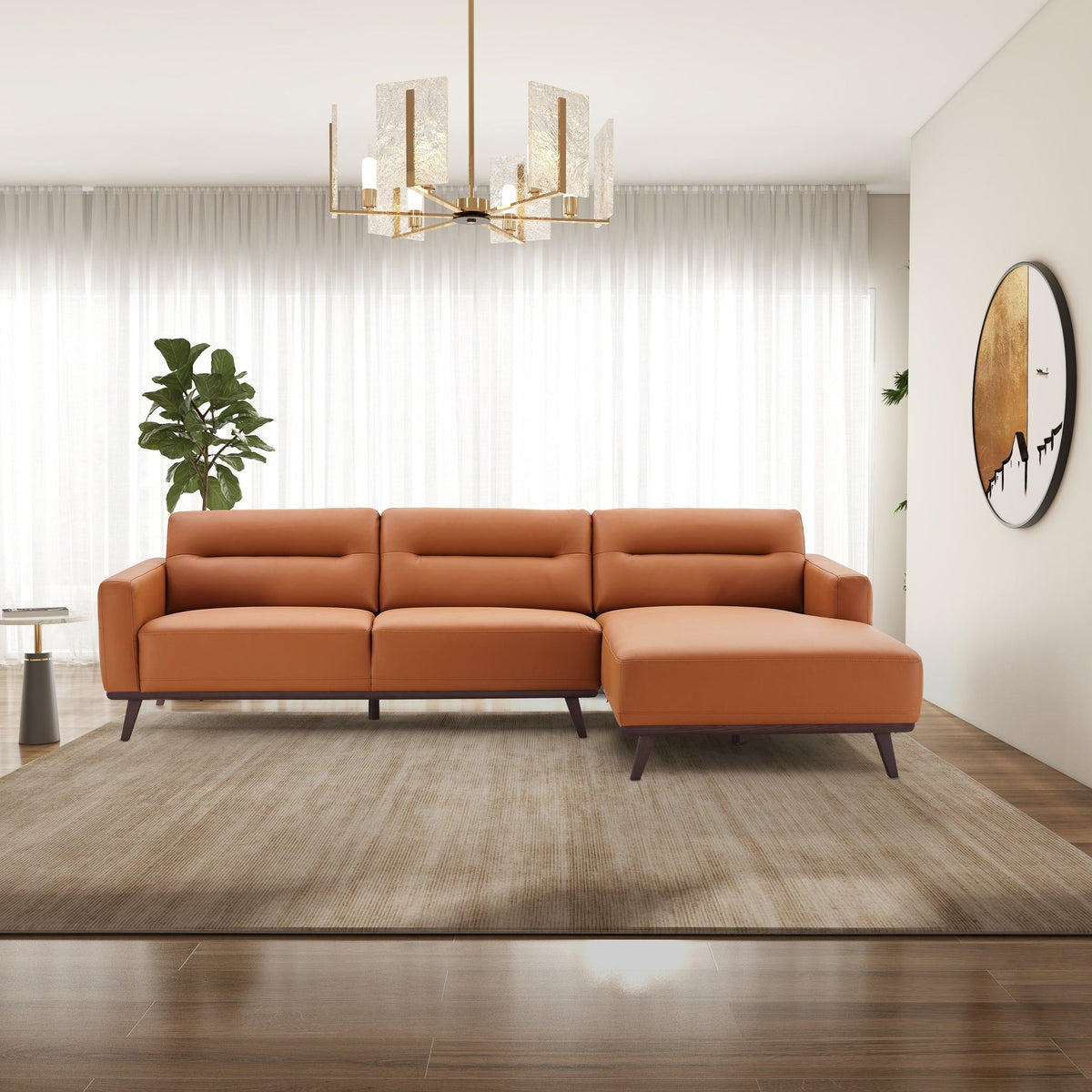 L-Shaped Sectional Couch with Solid Wood Frame and Vegan Upholstery - Yellow or Light Brown