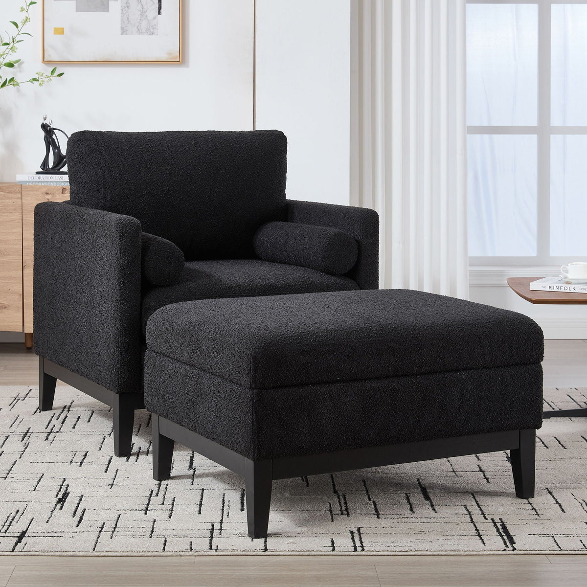 Farmhouse Upholstered Accent Chair With Ottoman