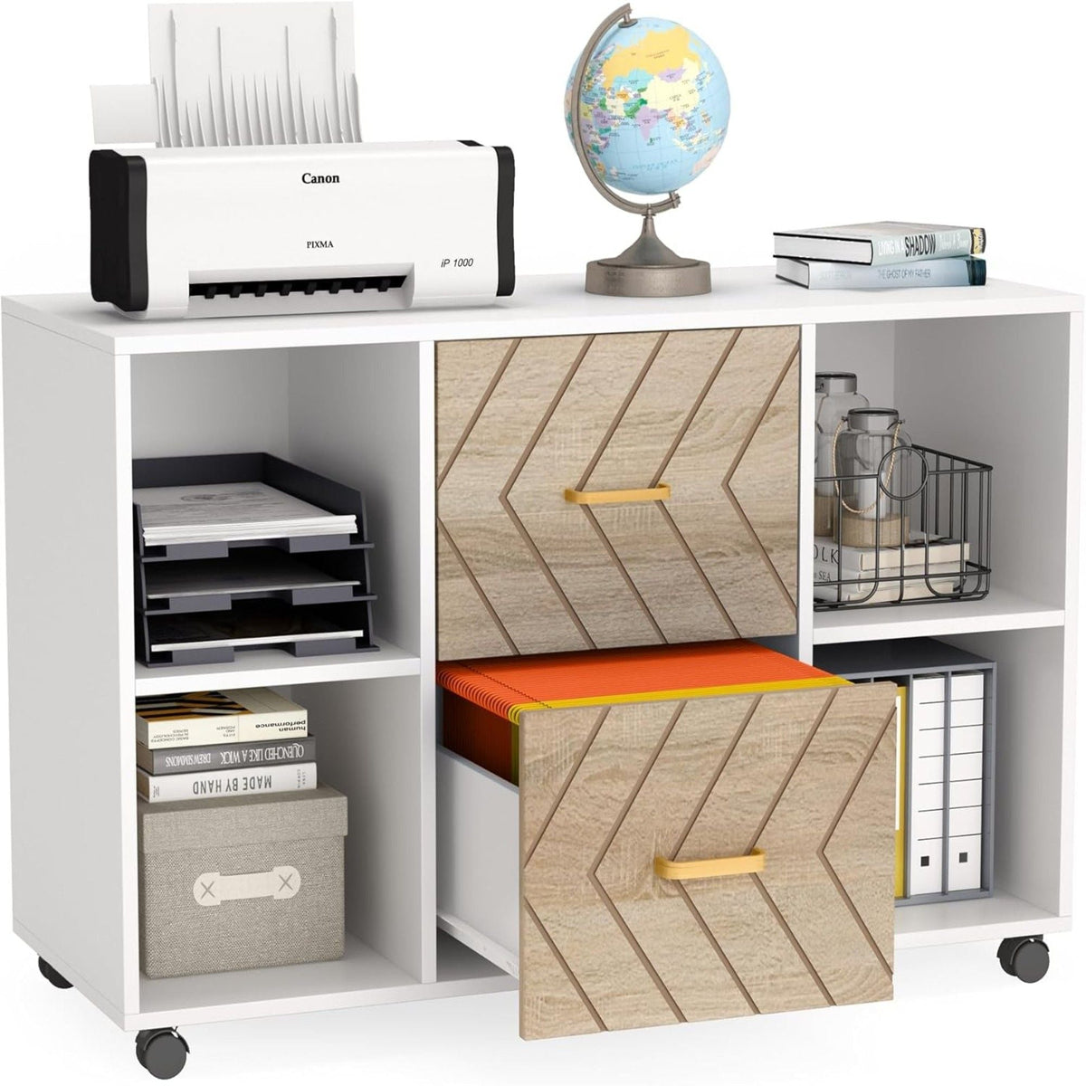 Large Mobile Lateral File Cabinet with 2 Drawers and Storage Shelves - White/Oak