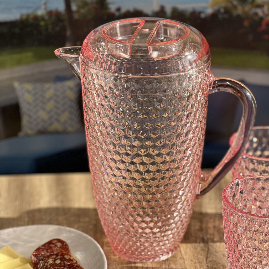 Diamond Cut Unbreakable Plastic Water Pitcher with Lid - Blue or Pink