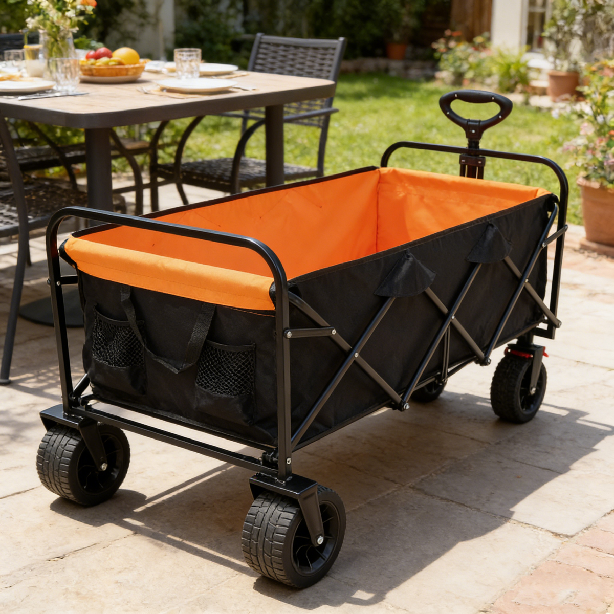 Large Capacity Folding Outdoor Wagon Cart with Extender - Black & Orange