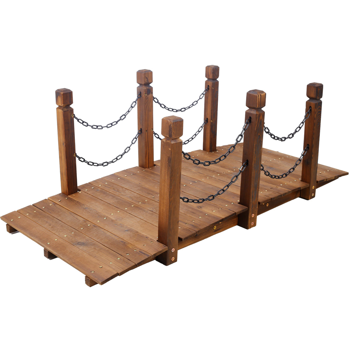 5 Ft Wooden Garden Bridge with Chain Railings - Natural Wood Finish