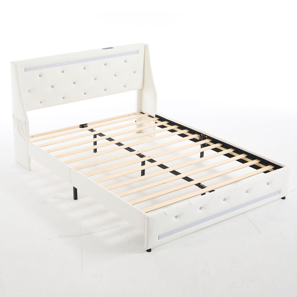 Wingback Upholstered Bed Frame with LED Lights and Charging Station - Black or White
