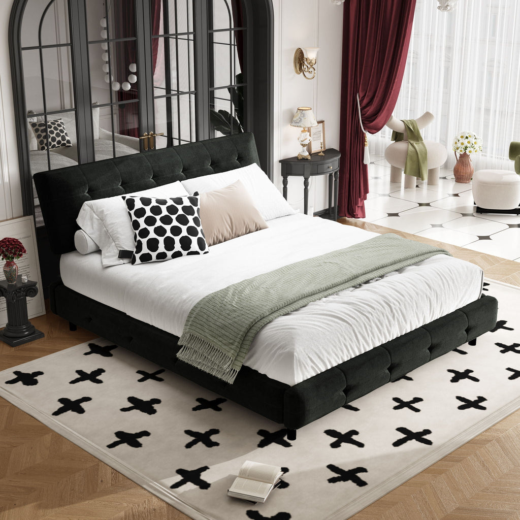 Tufted Headboard Upholstered Bed with Ultra-Soft Cloud Pillow Design - White or Black