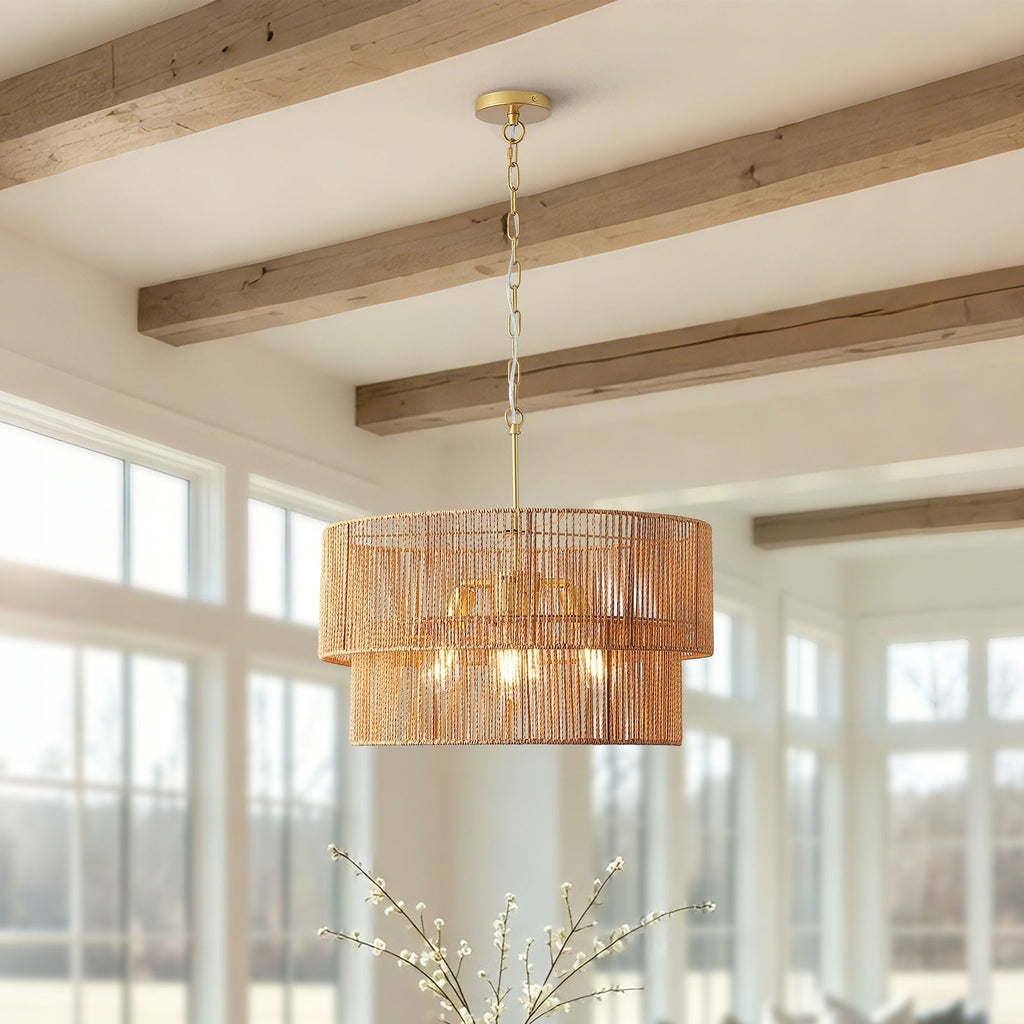 2 Tier Boho Wabi Sabi Chandelier with Handwoven Rattan Shade - Gold