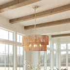 2 Tier Boho Wabi Sabi Chandelier with Handwoven Rattan Shade - Gold
