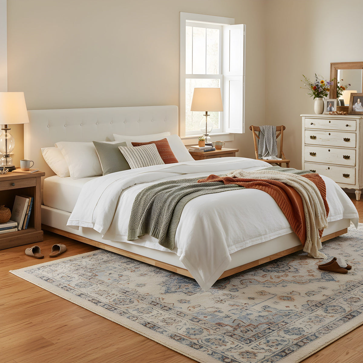 Solid Rubber Wood Platform Bed with Upholstered Headboard - White