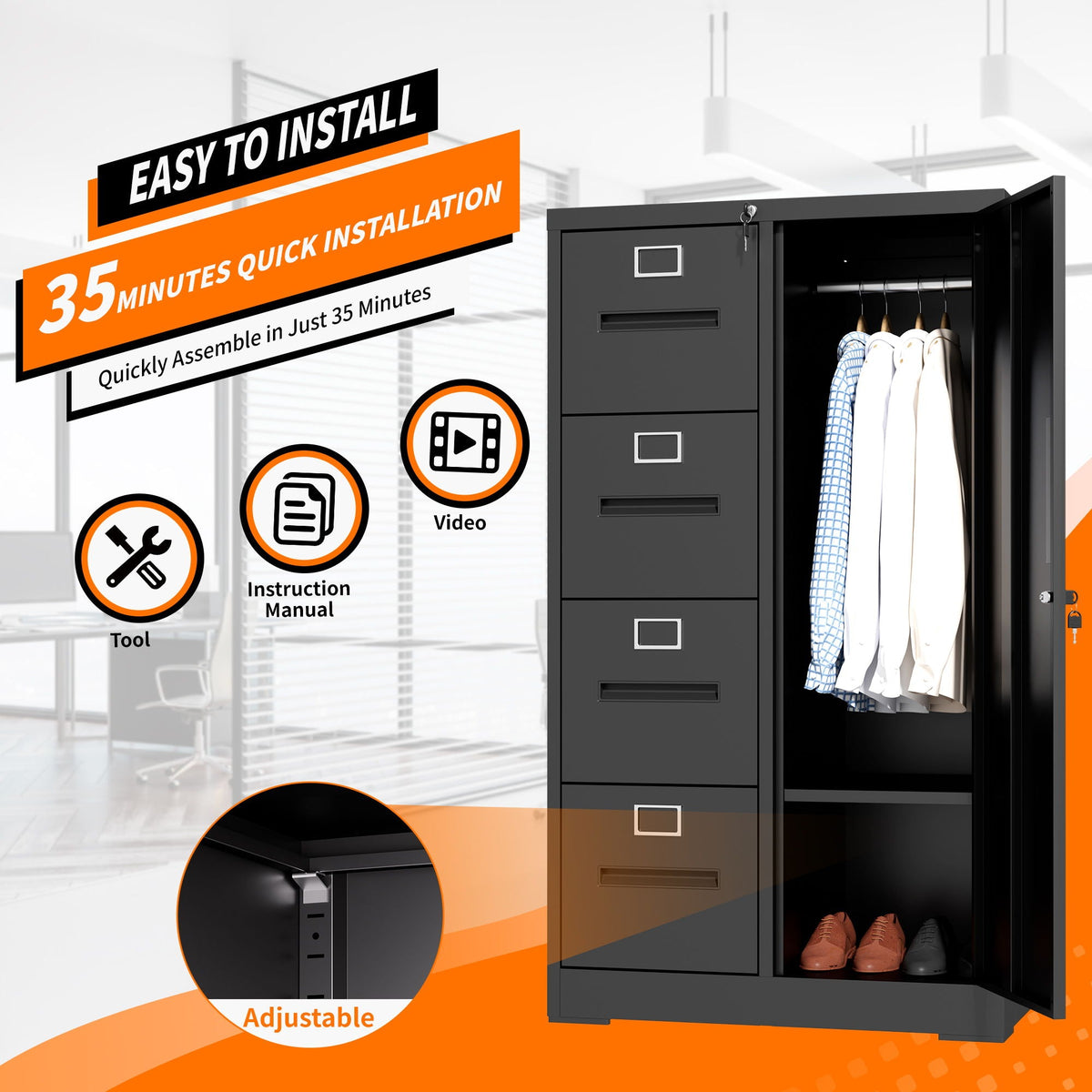 Steel Vertical Filing Cabinet with Lock and Wardrobe Compartment - Black or White