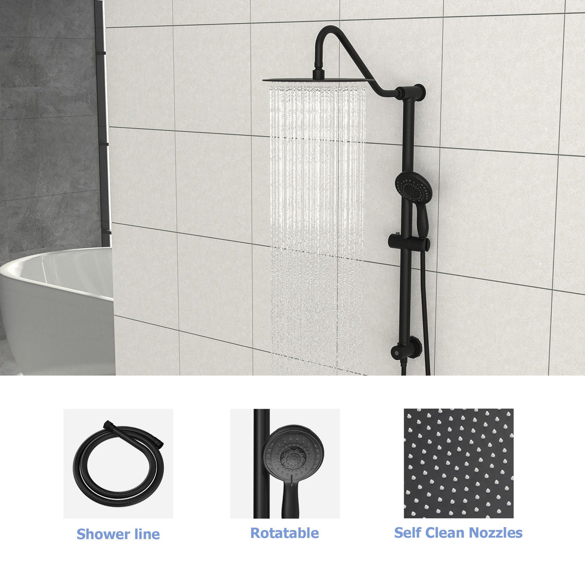 Shower System with 5 Function Rain Hand Shower and Slide Bar Combo - Pearl Silver, Gray, or Black