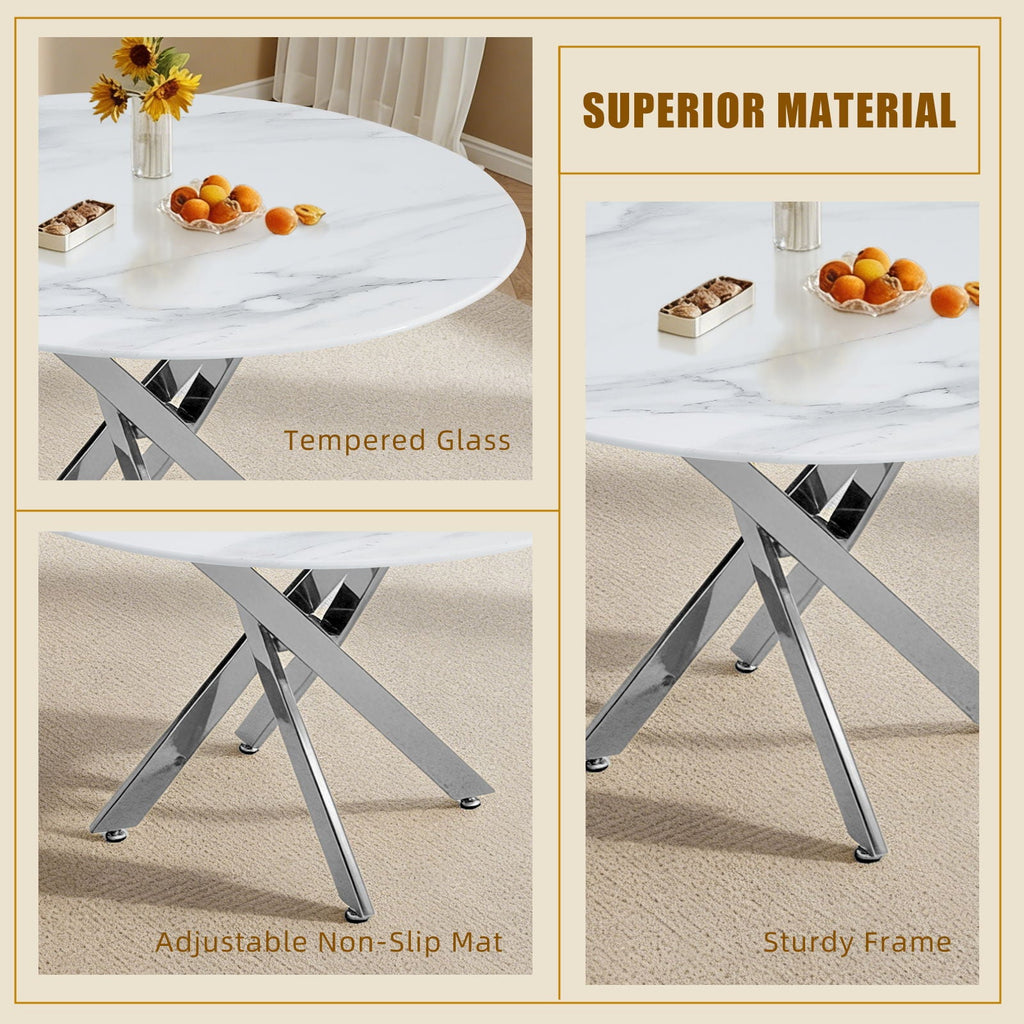 Modern Round Dining Table with Metal Frame - Pearl Silver, Gold, or White