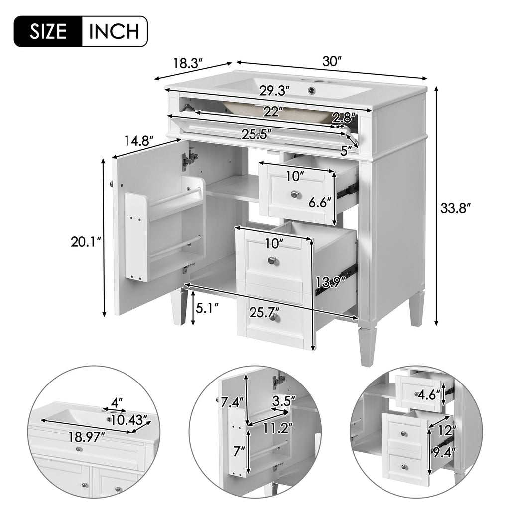 Bathroom Vanity with Ceramic Top Sink and Storage Drawers - Multiple Colors