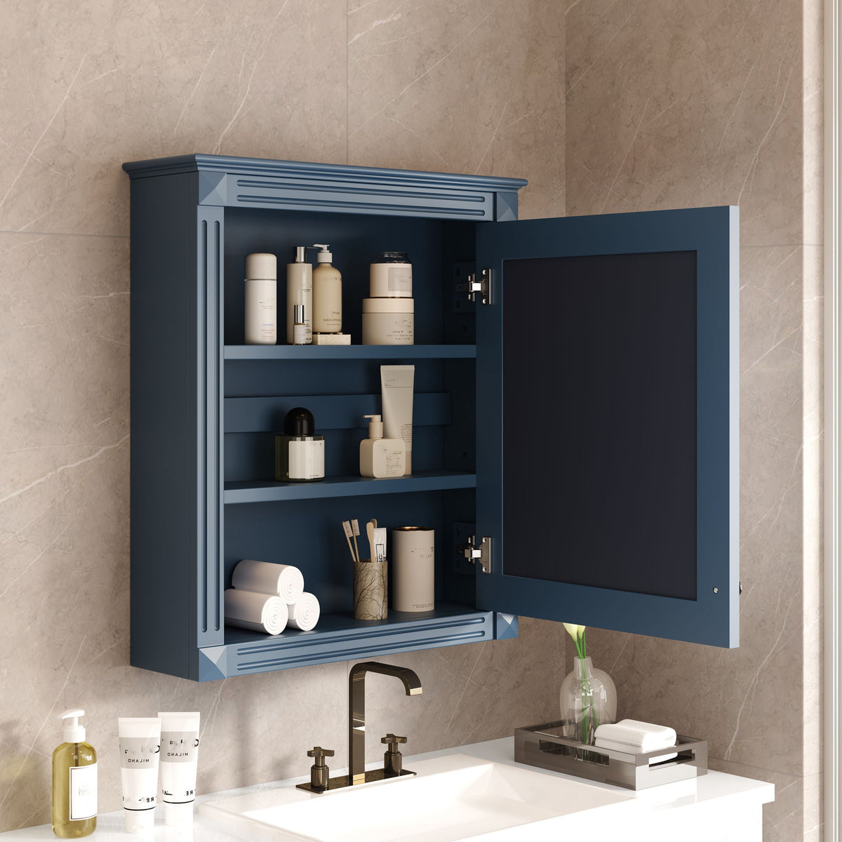Wall Mounted Medicine Cabinet with Mirror and Adjustable Shelf - Dark Gray, White, Blue