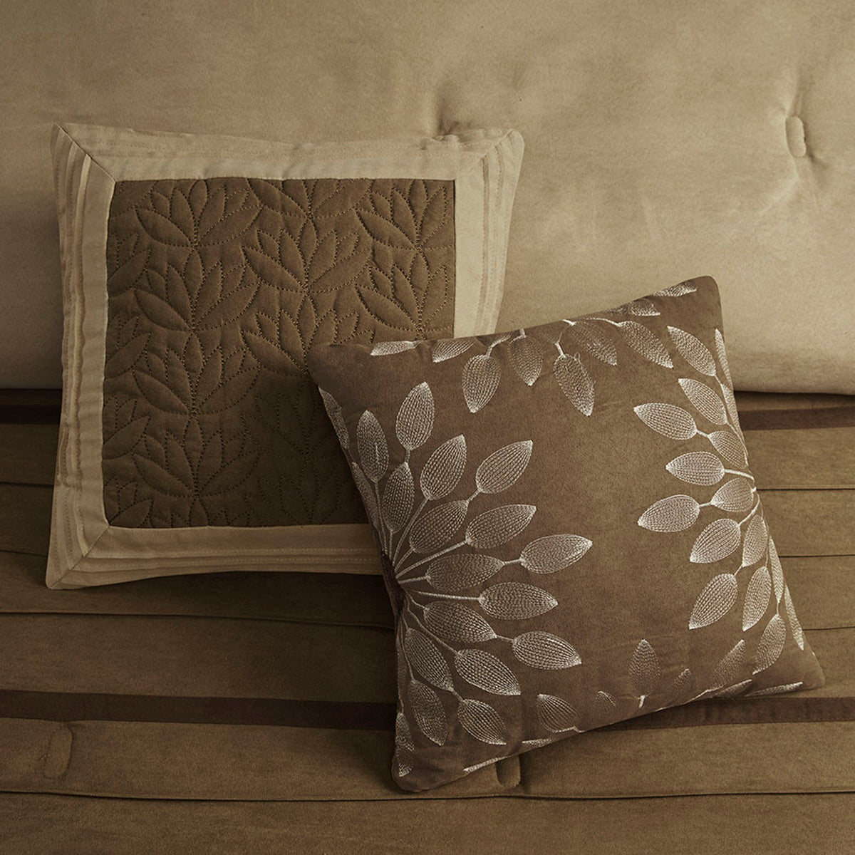 7 Piece Faux Suede Queen Comforter Set with Embroidered Pillows - Natural