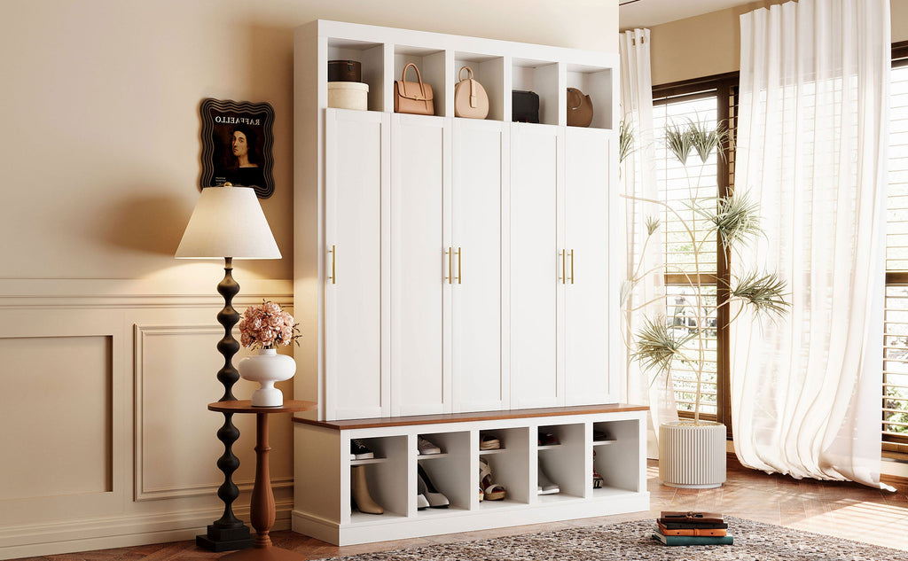 Farmhouse Entryway Storage Cabinet with Shoe Rack & Display Cubbies