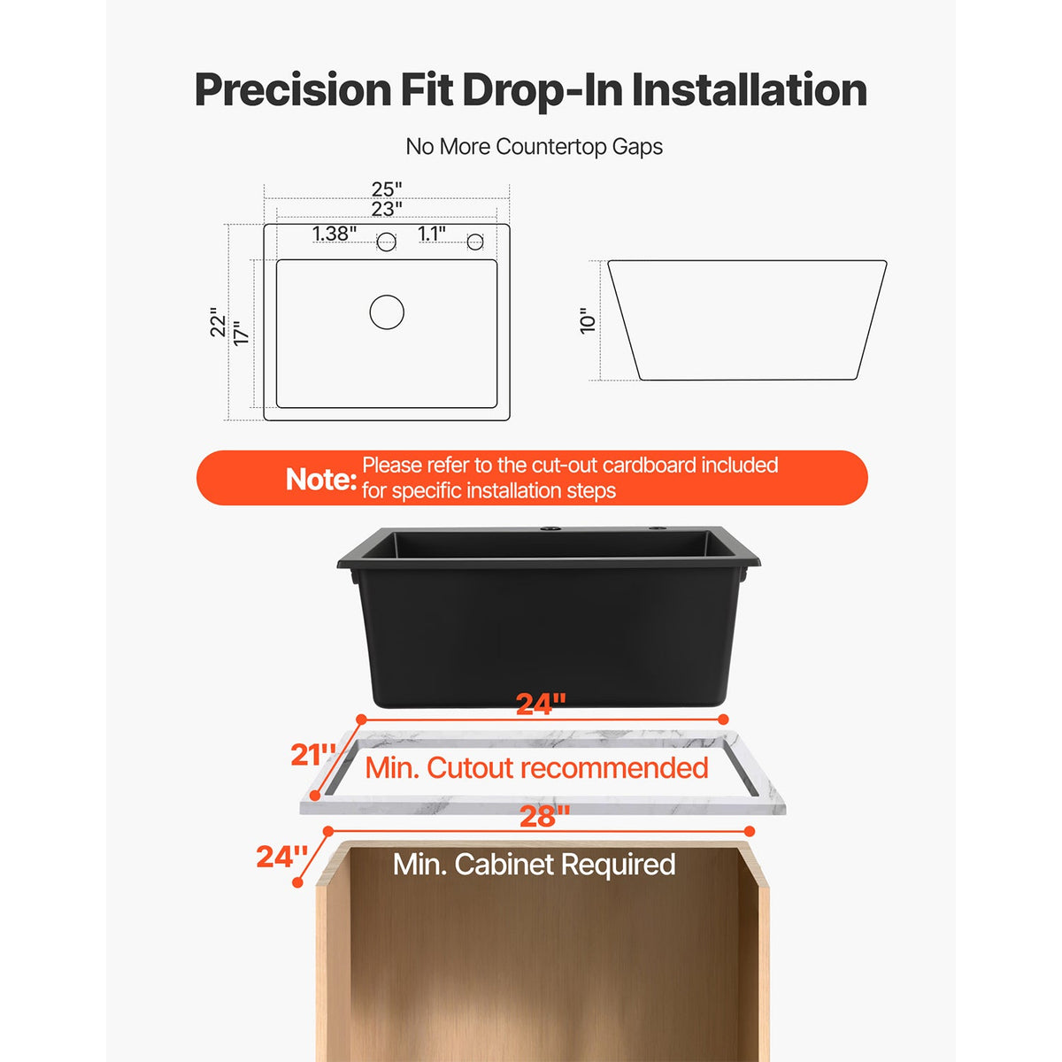 25 Inch Granite Kitchen Sink with Scratch Resistance - Matte Black