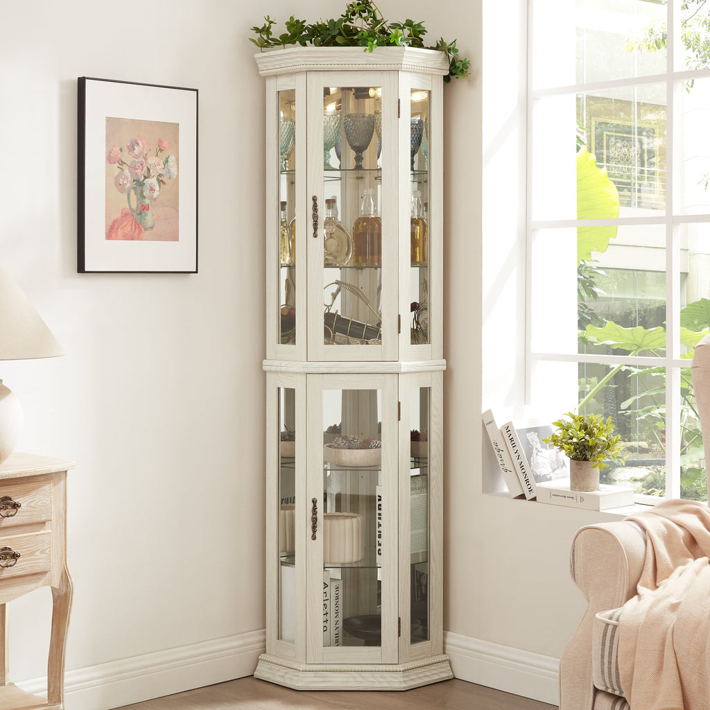 Lighted Corner Curio Cabinet with Adjustable Shelves - Tempered Glass