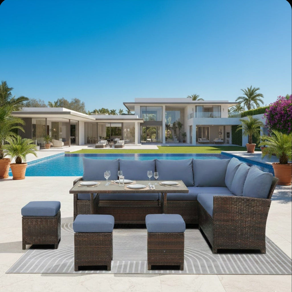 7 Piece Patio Dining Set with Cushions, Modular Sectional Sofa & Storage Table - Blue or Beige