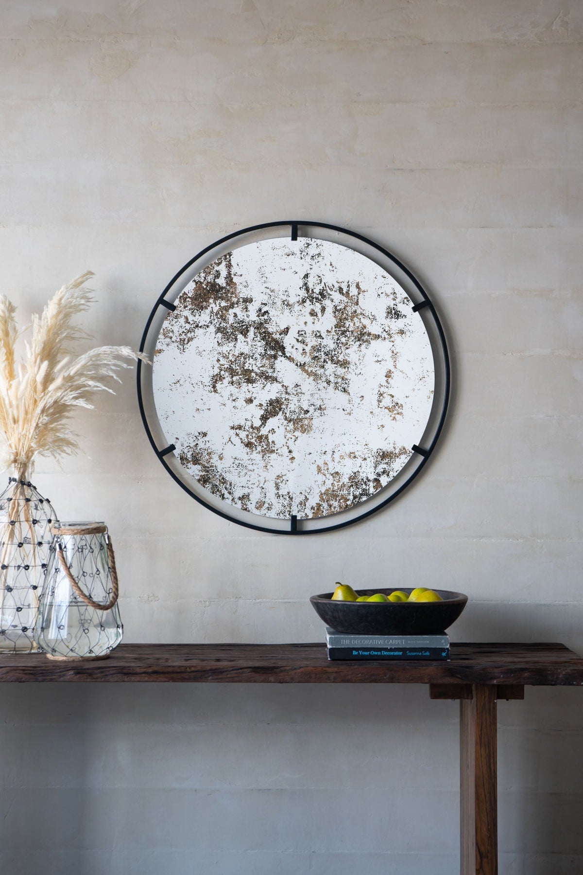 Round Industrial Wall Mirror with Metal Frame - Black