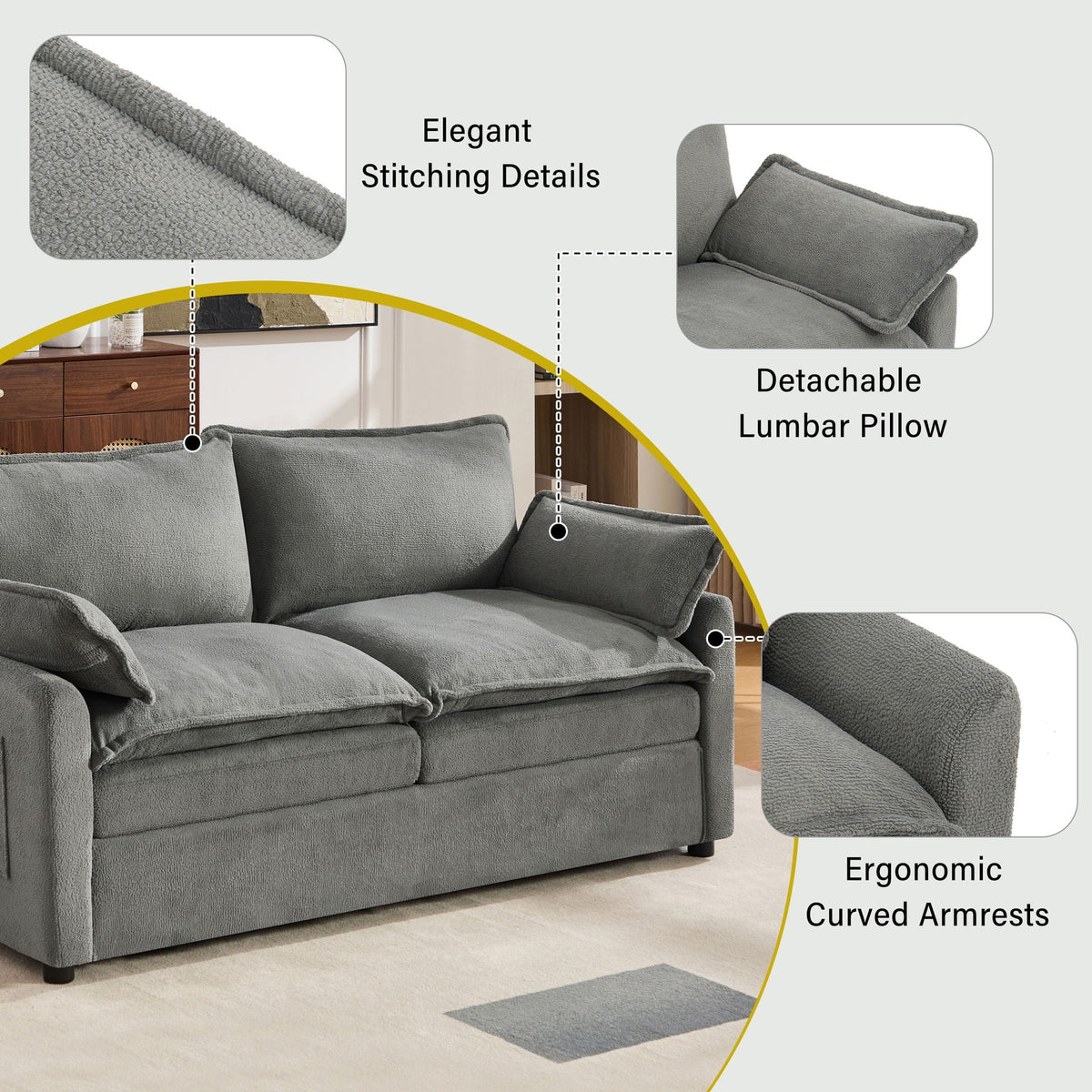 Modern Loveseat Sofa with Side Storage Pockets - Green, Beige, or Dark Gray