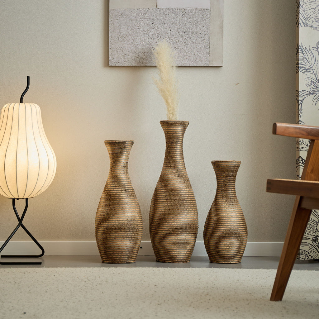 3 Piece Artificial Rattan Floor Vase Set with Modern Artistic Style - Beige