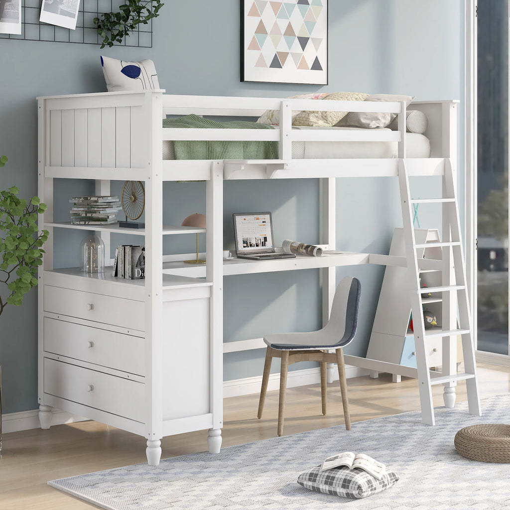 Twin Loft Bed with Drawers and Desk - White