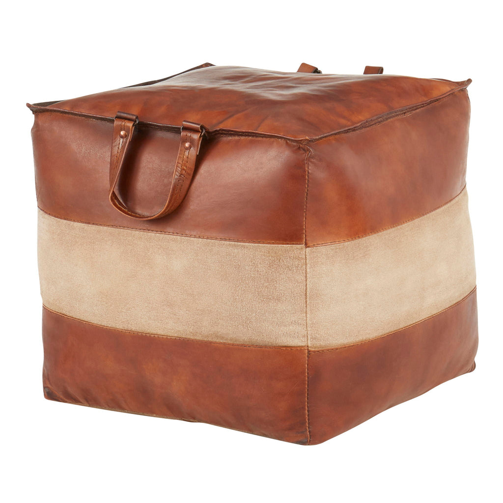 Industrial Pouf Ottoman with Side Handles - Light Brown, Dark Brown, Dark Gray